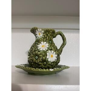 Vintage 1960s RELPO Green & White Daisy Pitcher and Under Plate #5996